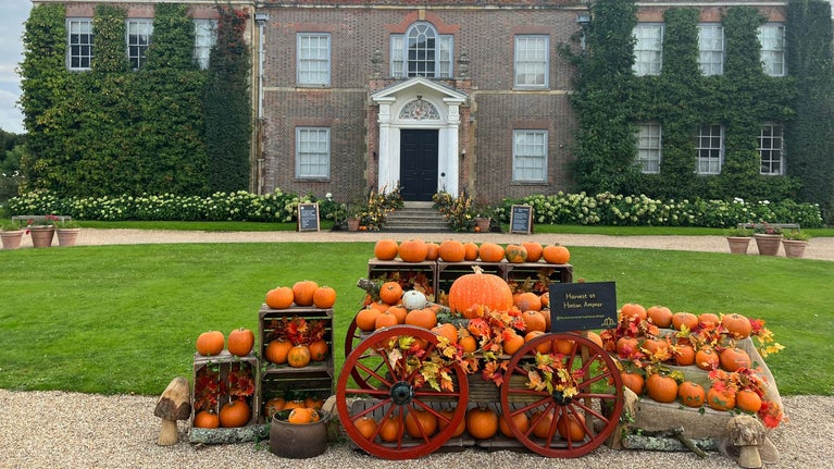 Display of pumpkins on a cart in front of Hinton Ampner